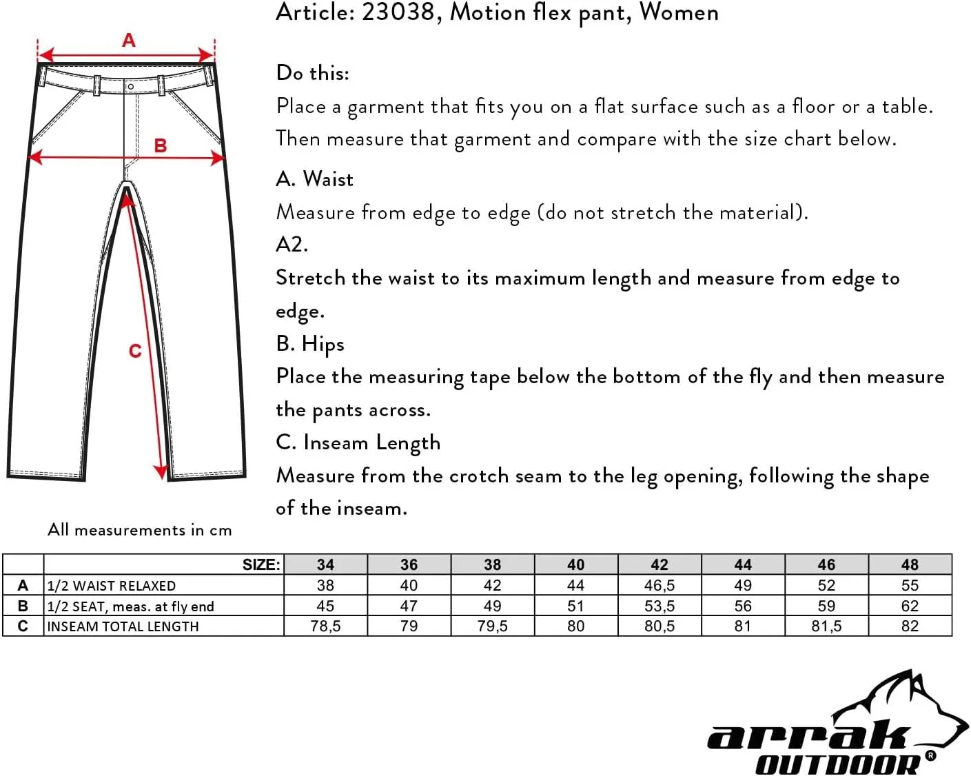 ARRAK OUTDOOR Motion Flex Lady Pant Full Flexibility, Roomy Pockets, Waterproof Calf Area, Adustable, Belt Included