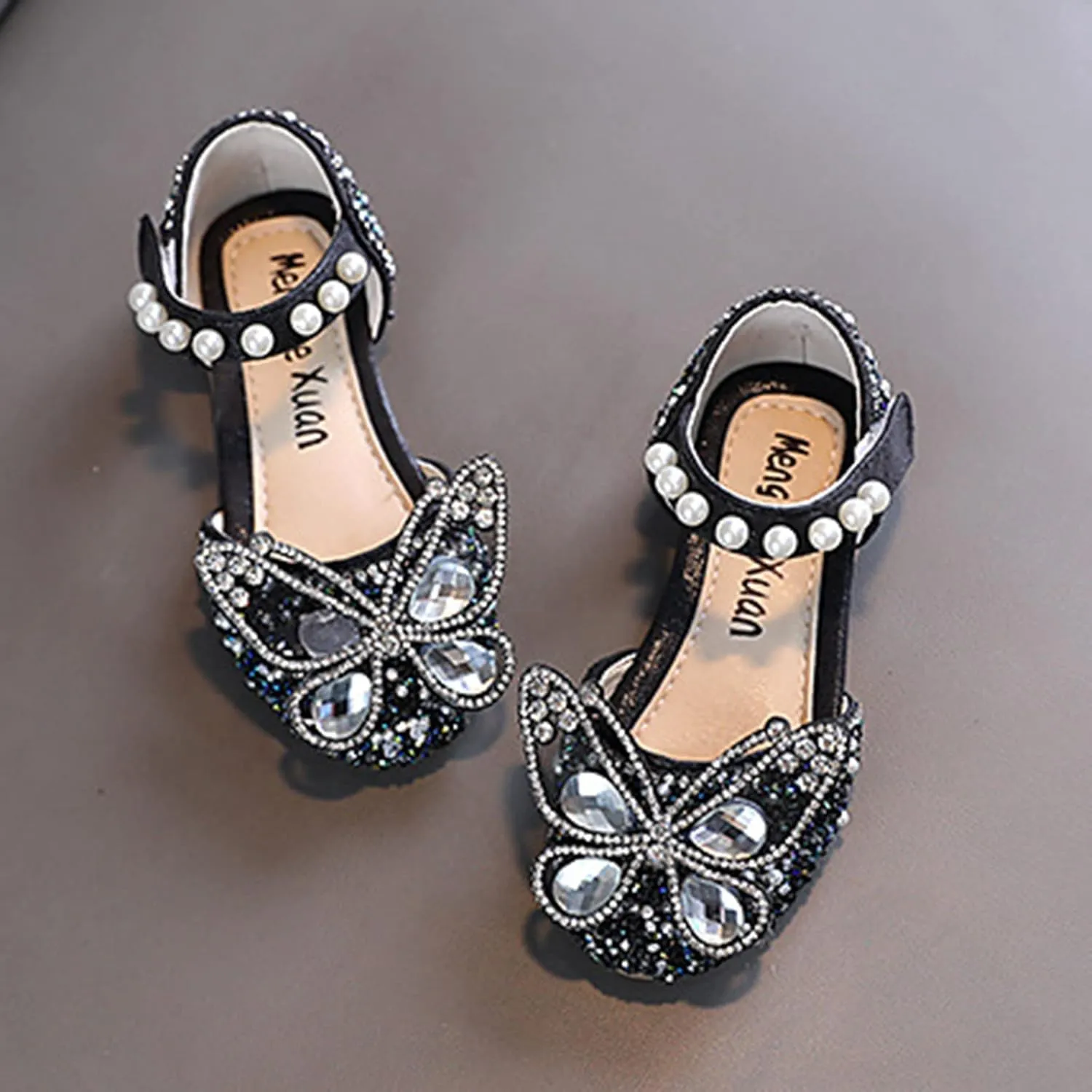 Baby Girls Princess Sandals Children Girls Butterfly Glitter Low Heel Flats Kids Teens Rhinestone Pearl Casual Shoes