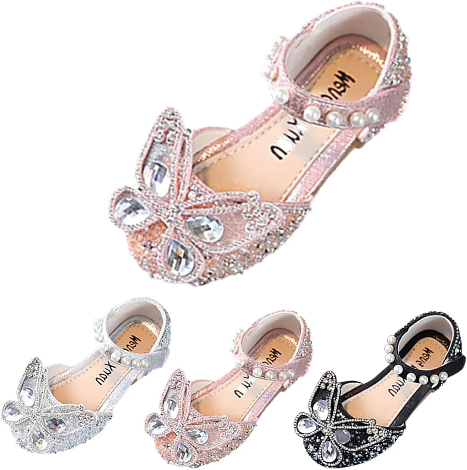 Baby Girls Princess Sandals Children Girls Butterfly Glitter Low Heel Flats Kids Teens Rhinestone Pearl Casual Shoes