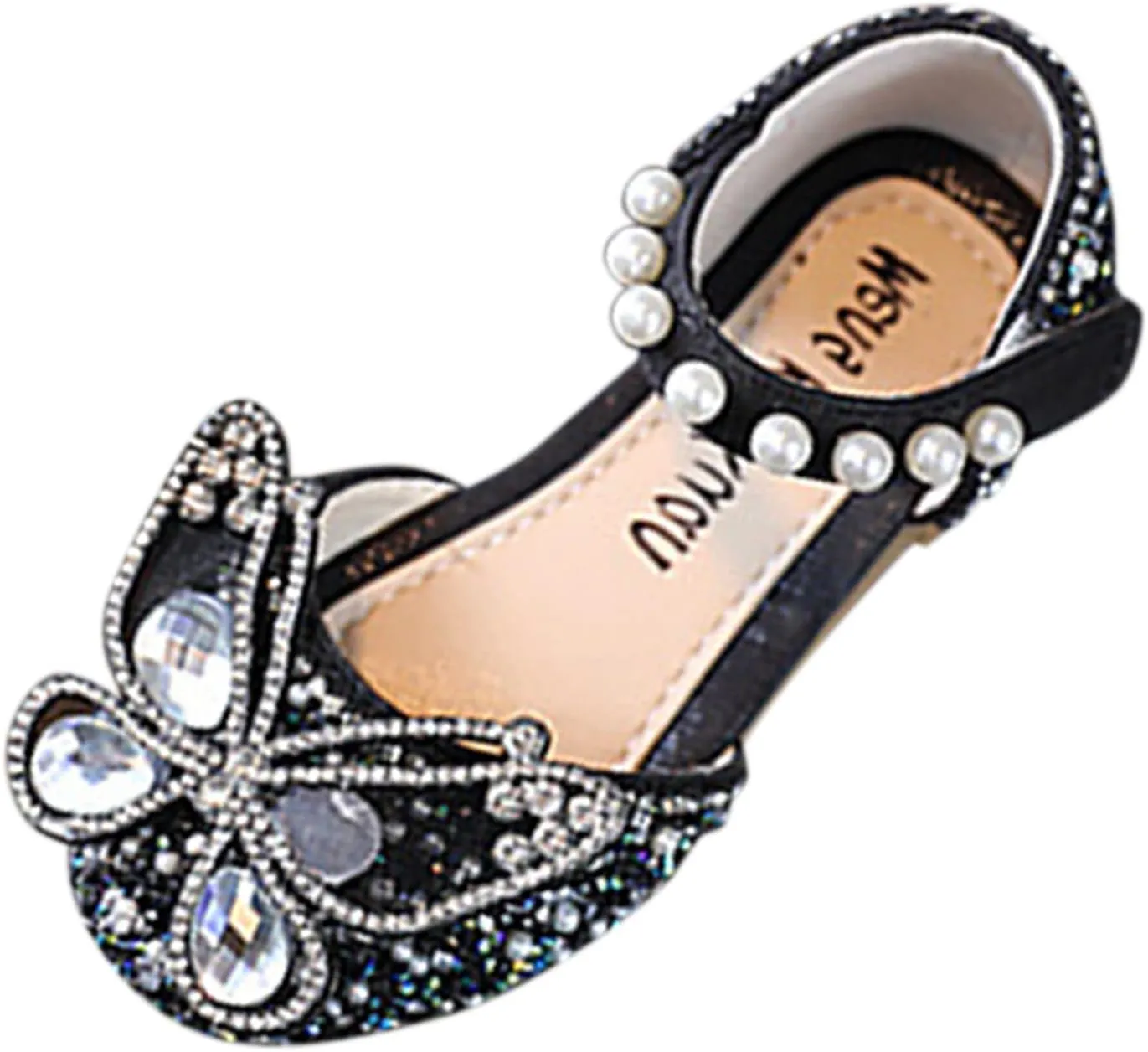 Baby Girls Princess Sandals Children Girls Butterfly Glitter Low Heel Flats Kids Teens Rhinestone Pearl Casual Shoes