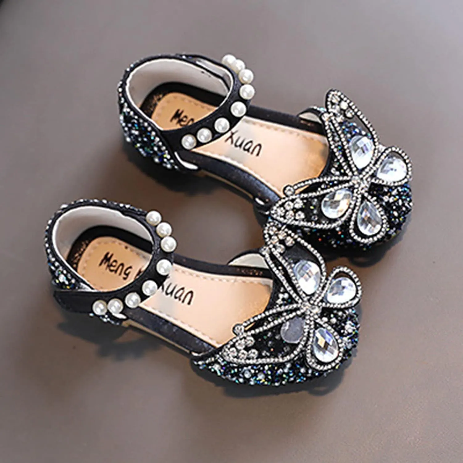 Baby Girls Princess Sandals Children Girls Butterfly Glitter Low Heel Flats Kids Teens Rhinestone Pearl Casual Shoes