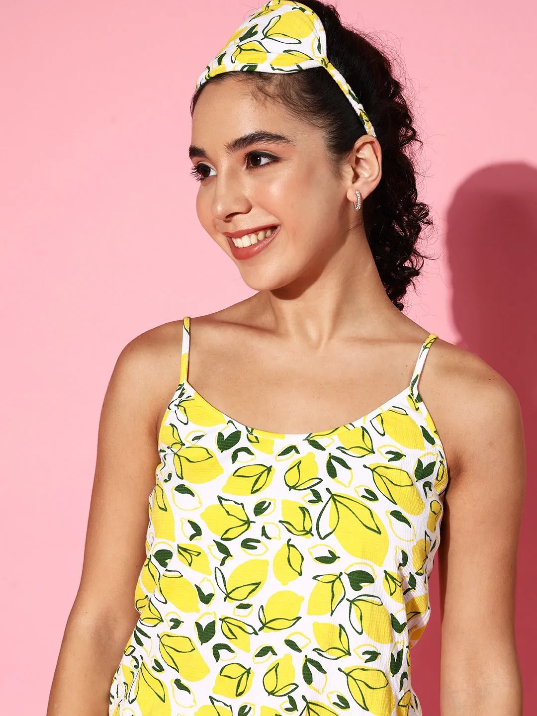 Berrylush Women White & Yellow Floral Printed Round Neck Pure Cotton Slip-On Night Suit