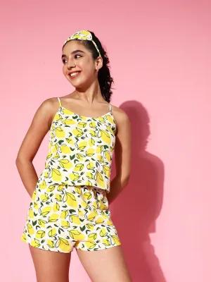 Berrylush Women White & Yellow Floral Printed Round Neck Pure Cotton Slip-On Night Suit