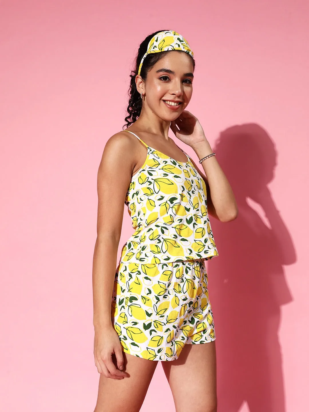 Berrylush Women White & Yellow Floral Printed Round Neck Pure Cotton Slip-On Night Suit