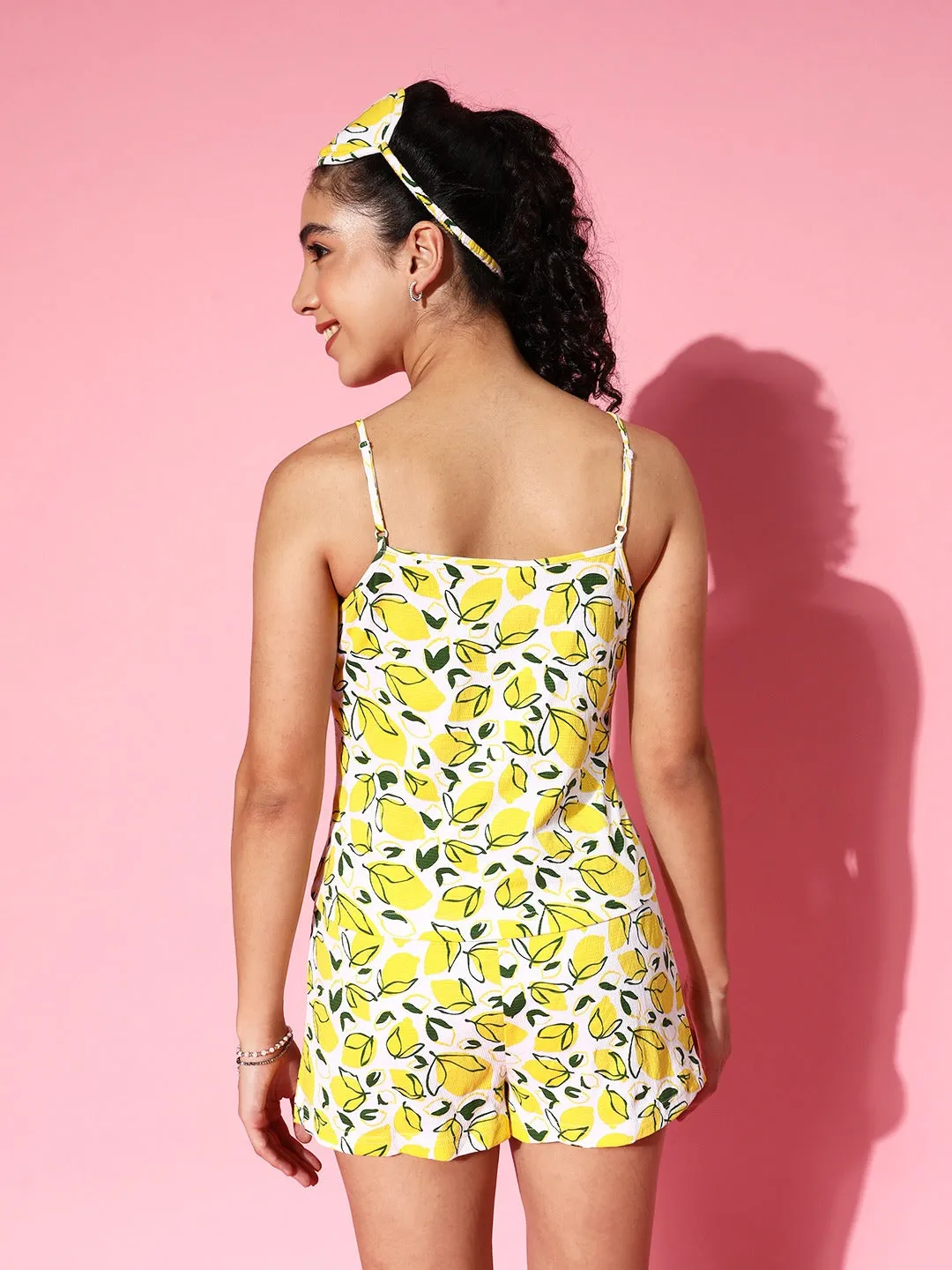 Berrylush Women White & Yellow Floral Printed Round Neck Pure Cotton Slip-On Night Suit