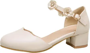 Big Kids Girls Mary Jane Dress Shoes Pumps Heels Flower High School Prom Shoes Ballet Girls Closed Toe Strap Sandals