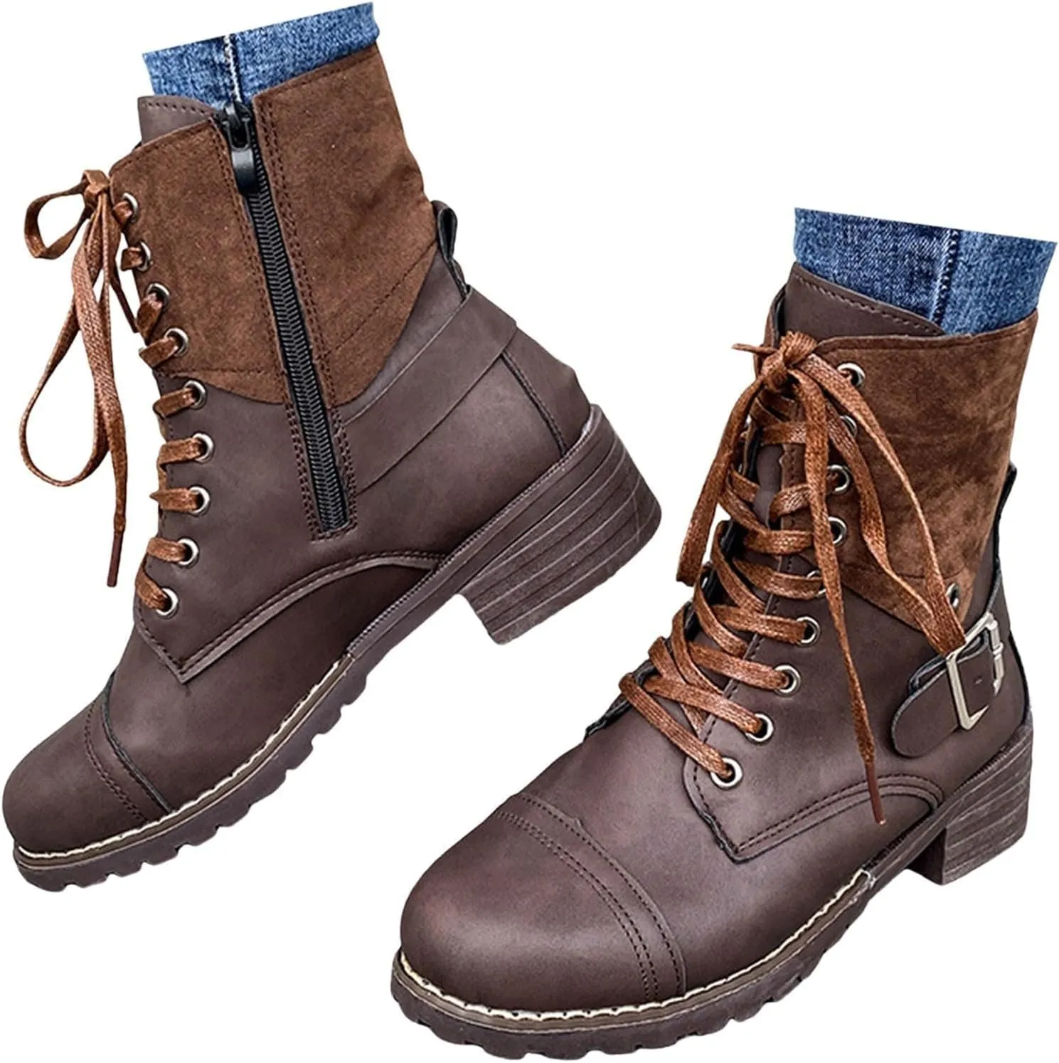 Cathalem Boots for Women Low Heel, Combat Style Hiking Boots Motorcycle Boots Classic Lace Up Shoes Retro Shoes