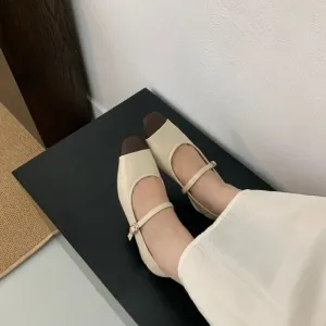 Chunky Heel Cap Toe Faux Leather Mary Jane Pumps