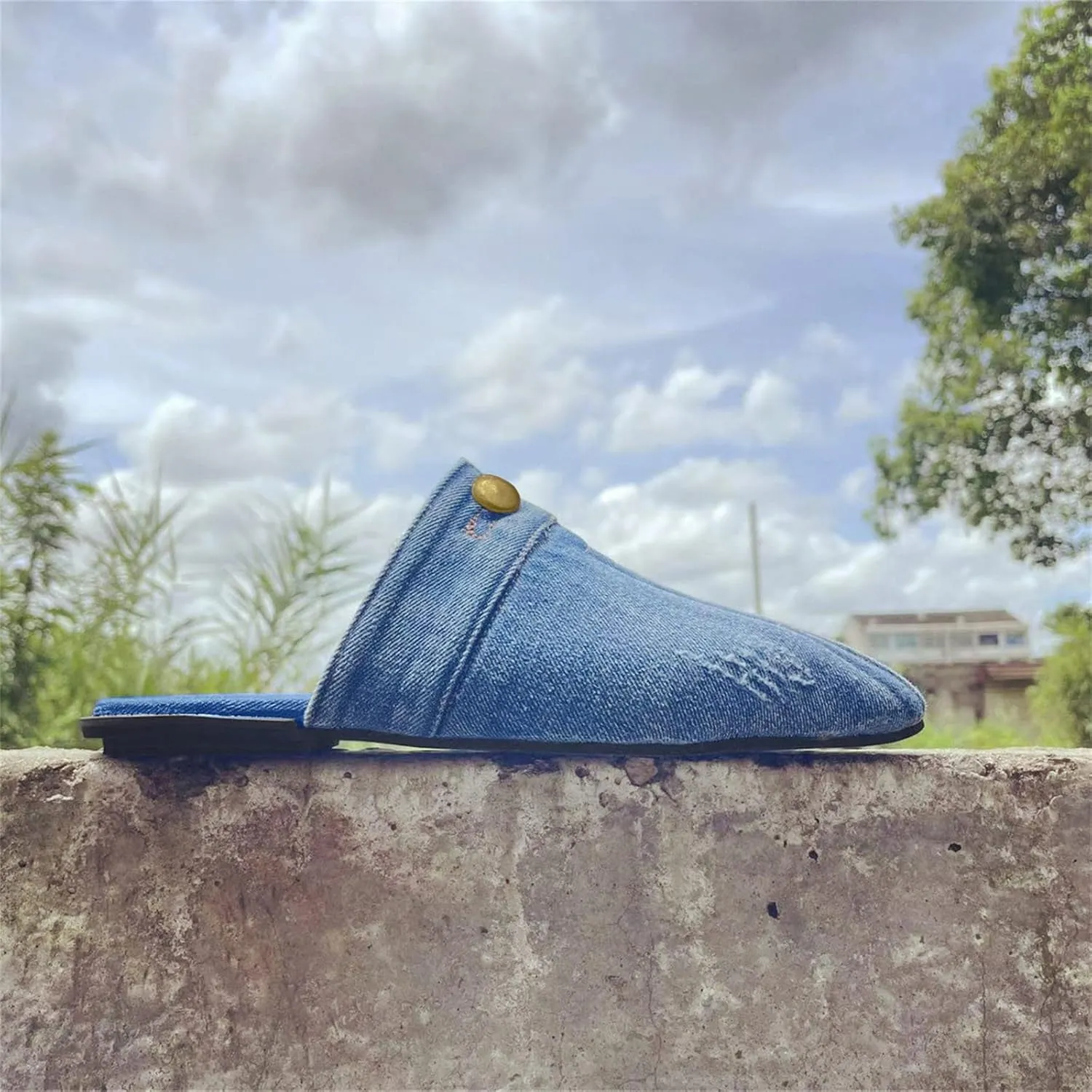 CsgrFagr Ladies Fashion Solid Color Denim Half Slippers Pointed Toe Flat Casual Shoes Men Loafer Shoes Casual (Light Blue, 9)