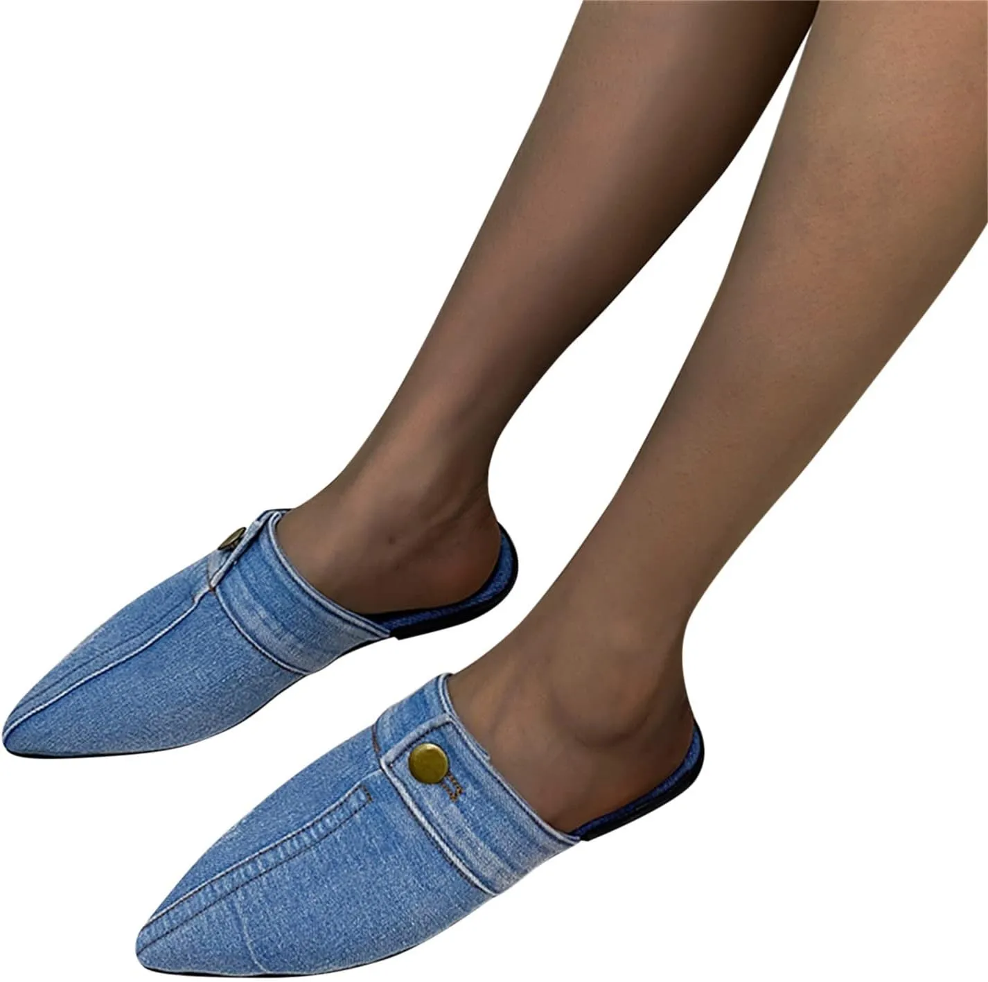 CsgrFagr Ladies Fashion Solid Color Denim Half Slippers Pointed Toe Flat Casual Shoes Men Loafer Shoes Casual (Light Blue, 9)