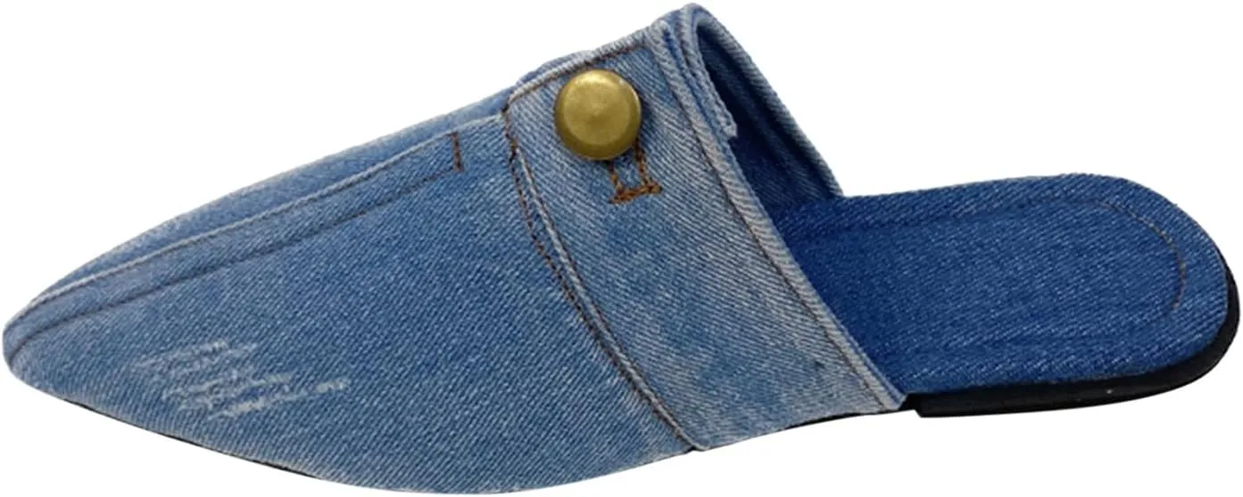 CsgrFagr Ladies Fashion Solid Color Denim Half Slippers Pointed Toe Flat Casual Shoes Men Loafer Shoes Casual (Light Blue, 9)