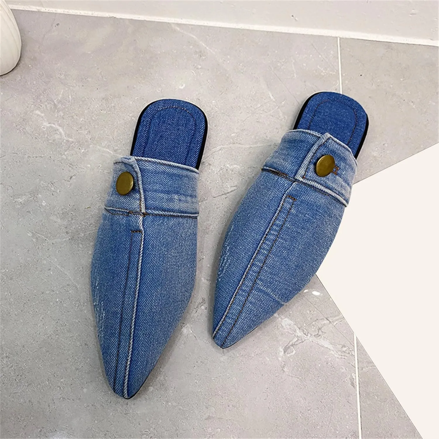 CsgrFagr Ladies Fashion Solid Color Denim Half Slippers Pointed Toe Flat Casual Shoes Men Loafer Shoes Casual (Light Blue, 9)