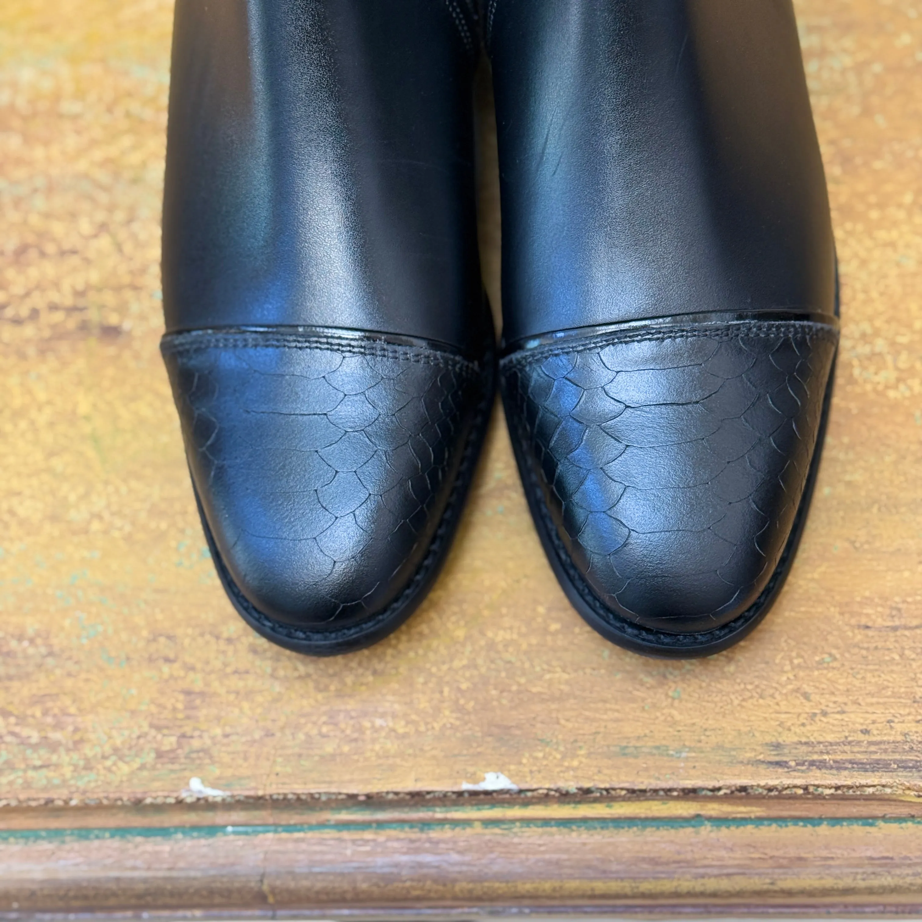 Derby Prestige Riding Boots - Black Leather with Black Croc Top Design