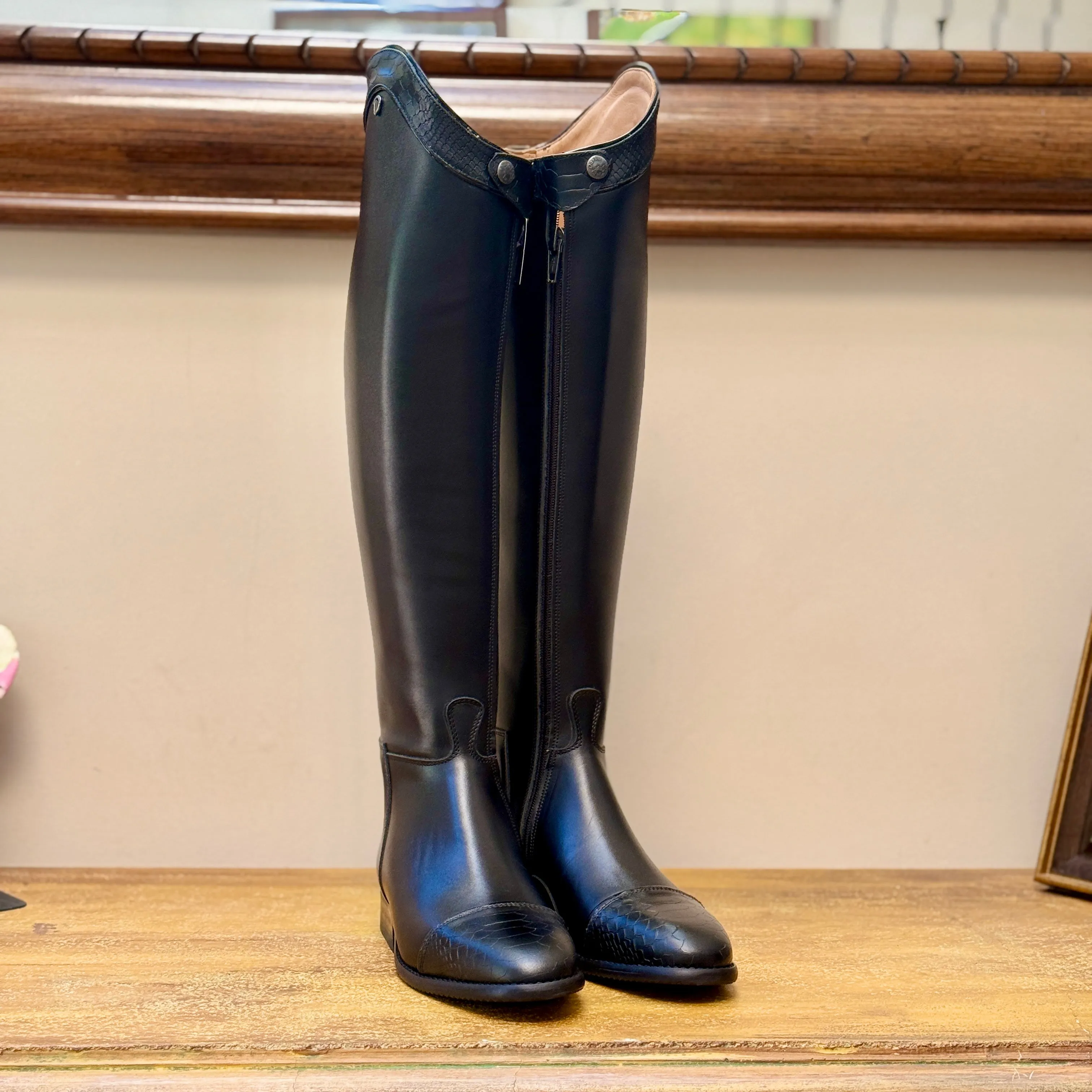 Derby Prestige Riding Boots - Black Leather with Black Croc Top Design