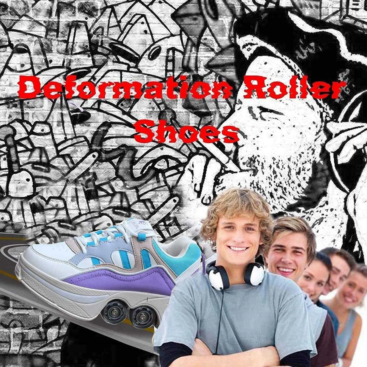 Double-Row Deform Wheel Automatic Walking Shoes Invisible Deformation Roller Skate 2 in 1 Male and Female Skating Shoes Multifunctional Outdoor Walking Sneakers