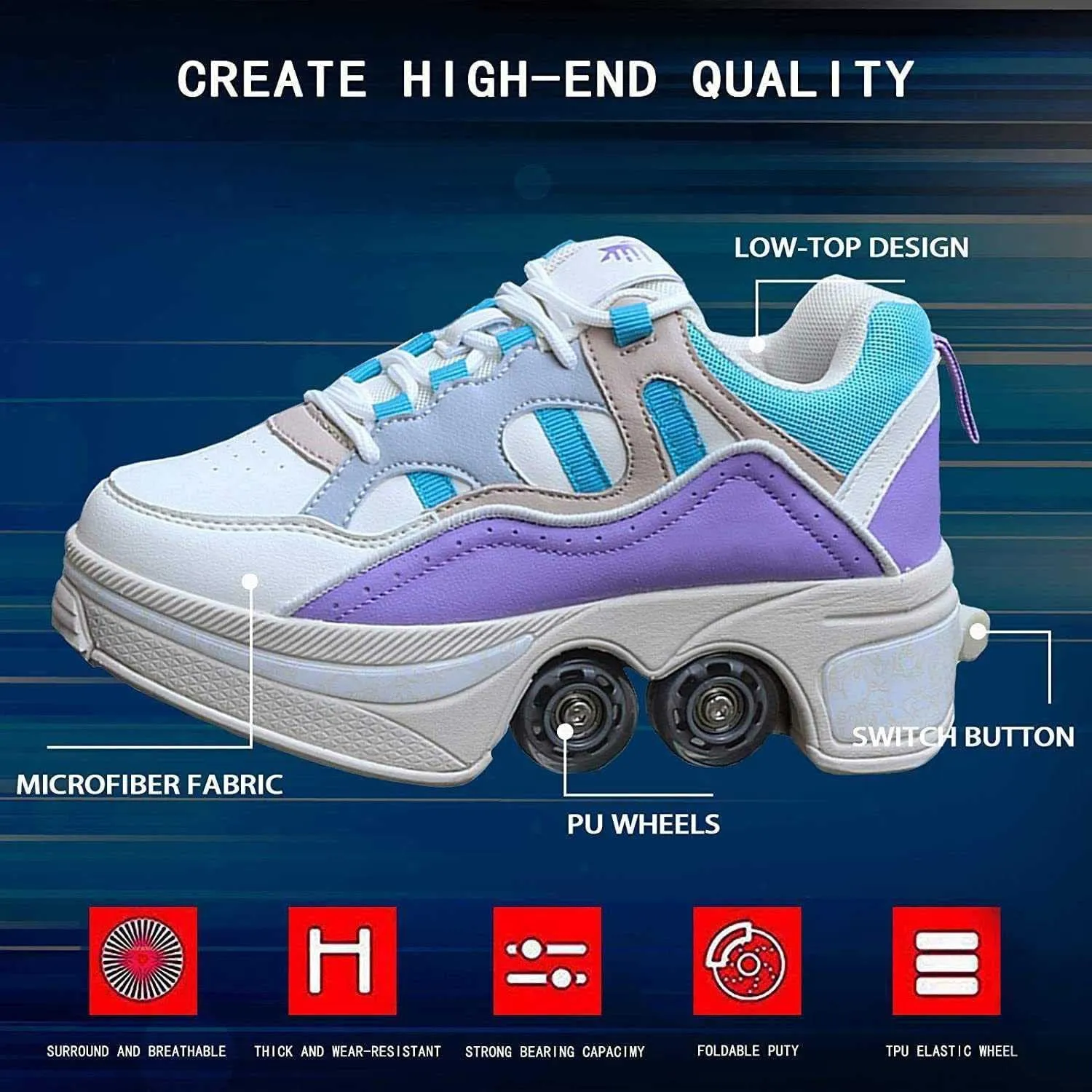 Double-Row Deform Wheel Automatic Walking Shoes Invisible Deformation Roller Skate 2 in 1 Male and Female Skating Shoes Multifunctional Outdoor Walking Sneakers