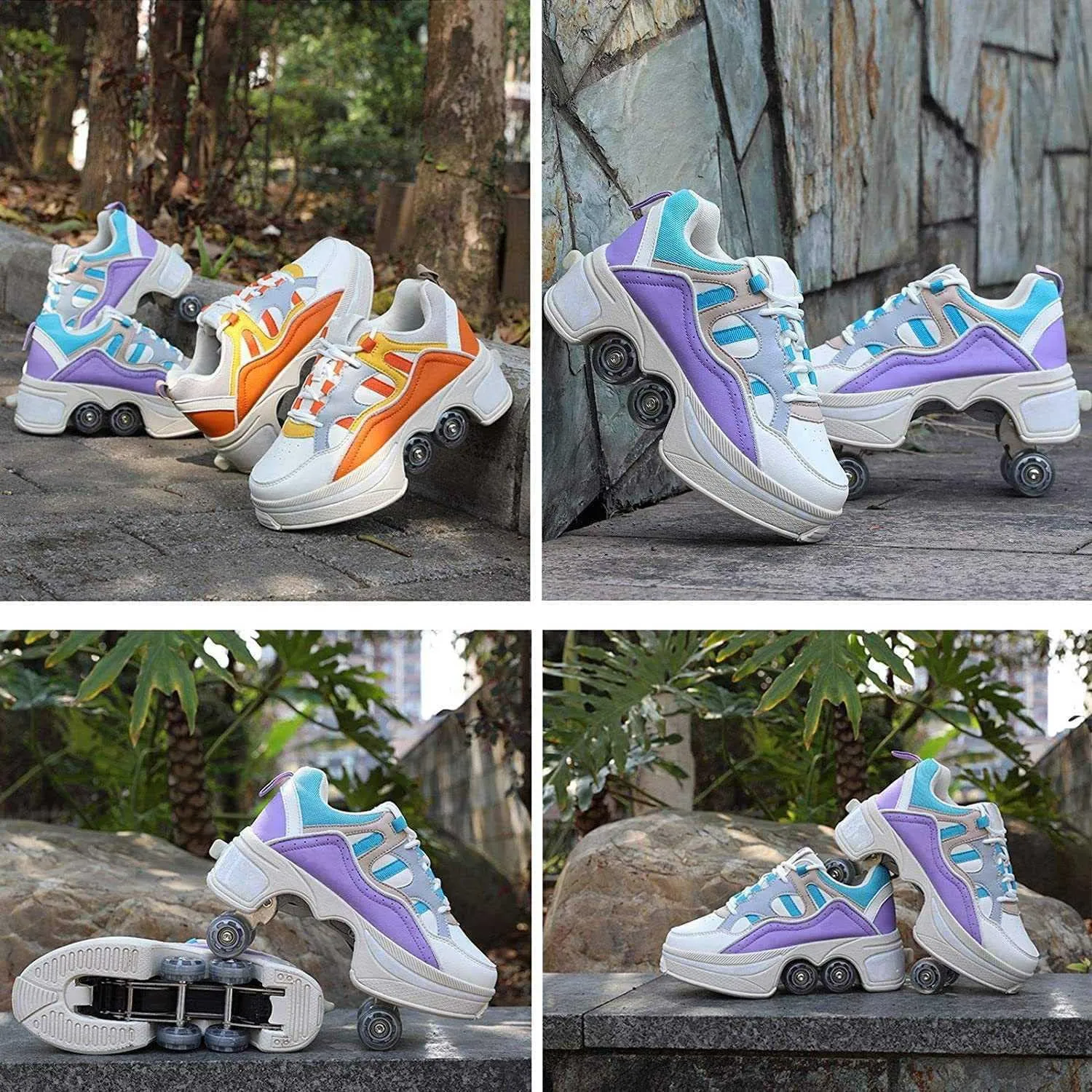Double-Row Deform Wheel Automatic Walking Shoes Invisible Deformation Roller Skate 2 in 1 Male and Female Skating Shoes Multifunctional Outdoor Walking Sneakers