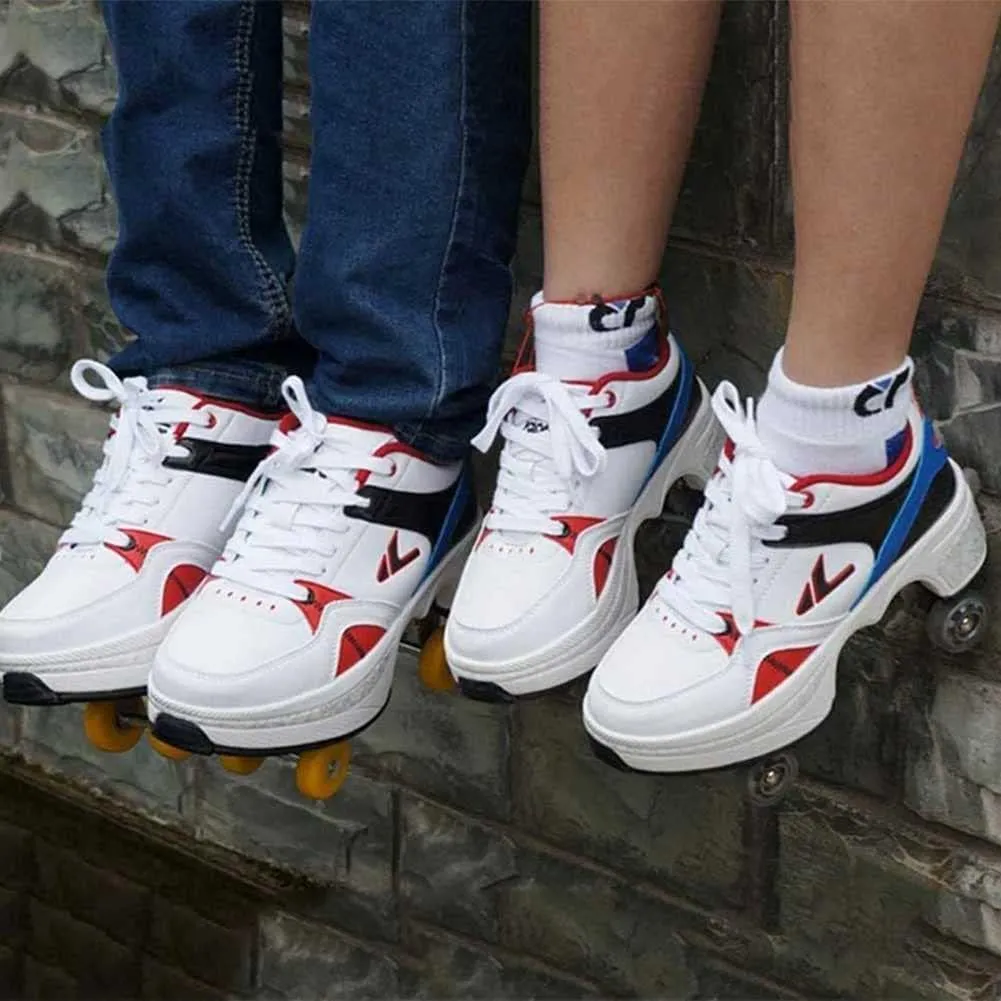 Double-Row Deform Wheel Automatic Walking Shoes Invisible Deformation Roller Skate 2 in 1 Male and Female Skating Shoes Multifunctional Outdoor Walking Sneakers