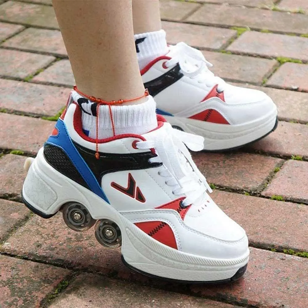 Double-Row Deform Wheel Automatic Walking Shoes Invisible Deformation Roller Skate 2 in 1 Male and Female Skating Shoes Multifunctional Outdoor Walking Sneakers