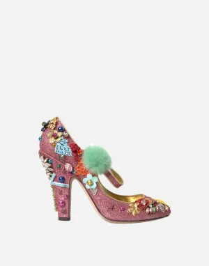 Embellished Fur Mary Jane Pumps
