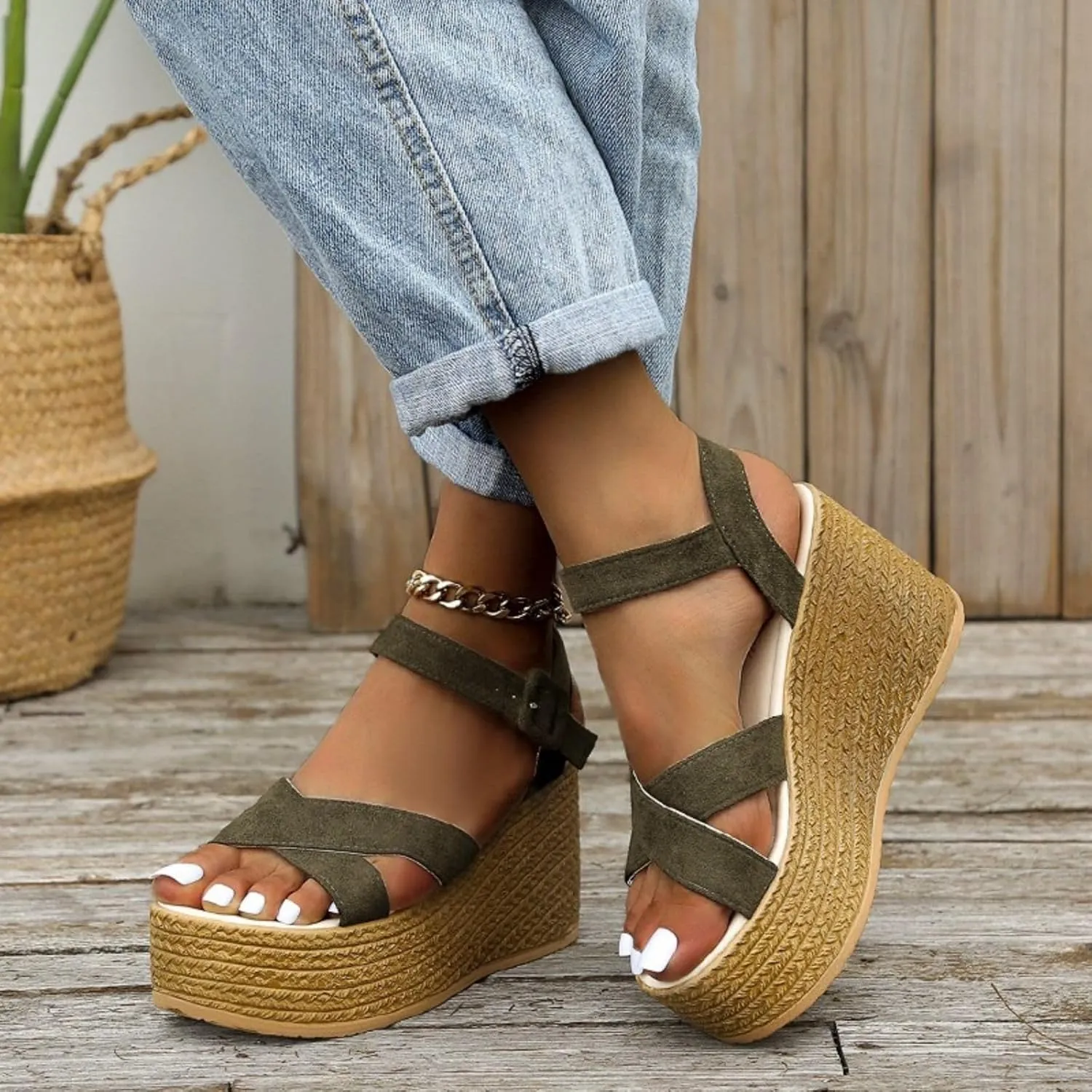 Espadrille Dressy Wedge Sandals Orthopedic Non Slip High Heeled Wedges Strappy Ankle Strap Metal Buckle Platform Sandals Slip On Beach Boho Shoes Comfortable Outdoor Shoes
