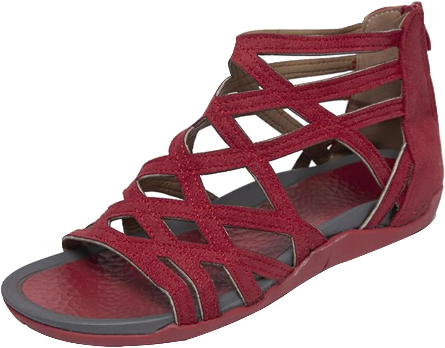 Gladiator Strappy Sandals for Women Dressy Summer Comfortable Flat Roman Sandals Open Toe Slip On Beach Wedges Zipper Back Dress Shoes