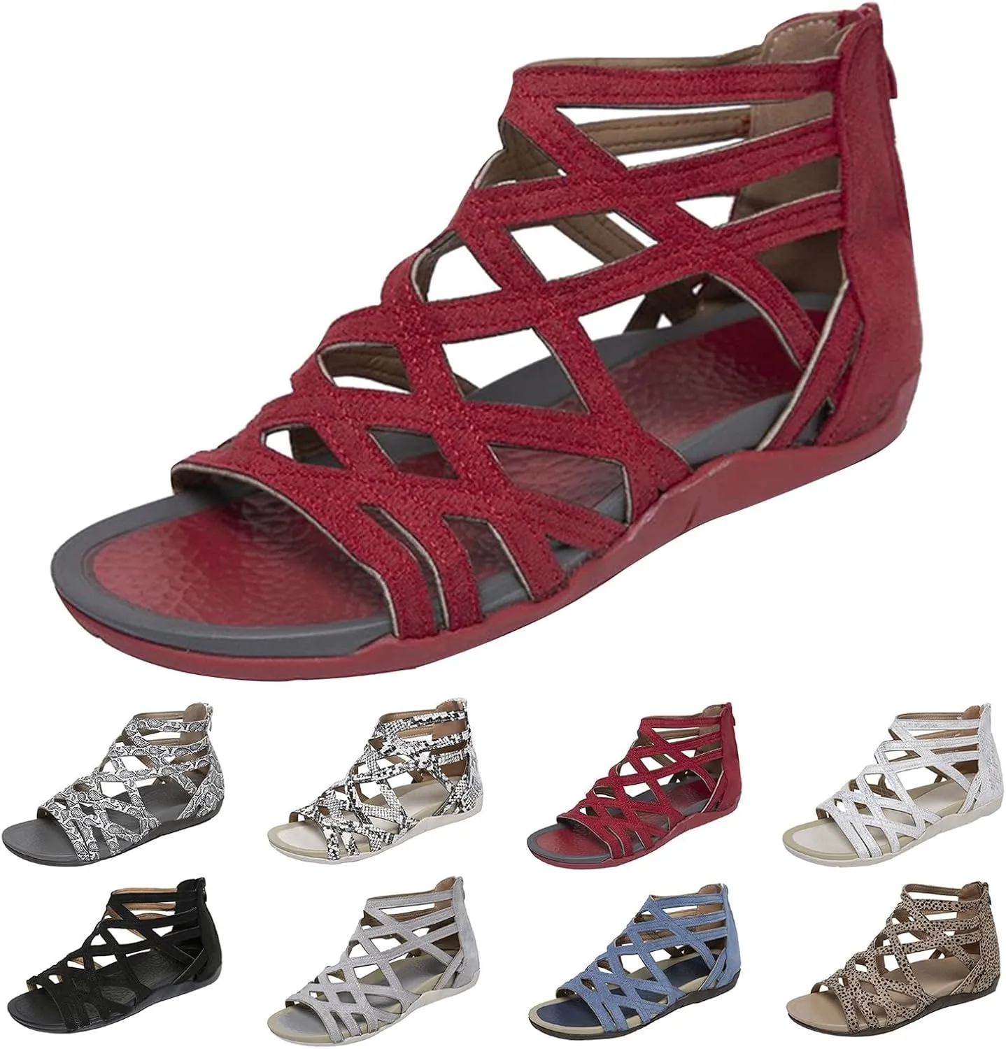 Gladiator Strappy Sandals for Women Dressy Summer Comfortable Flat Roman Sandals Open Toe Slip On Beach Wedges Zipper Back Dress Shoes