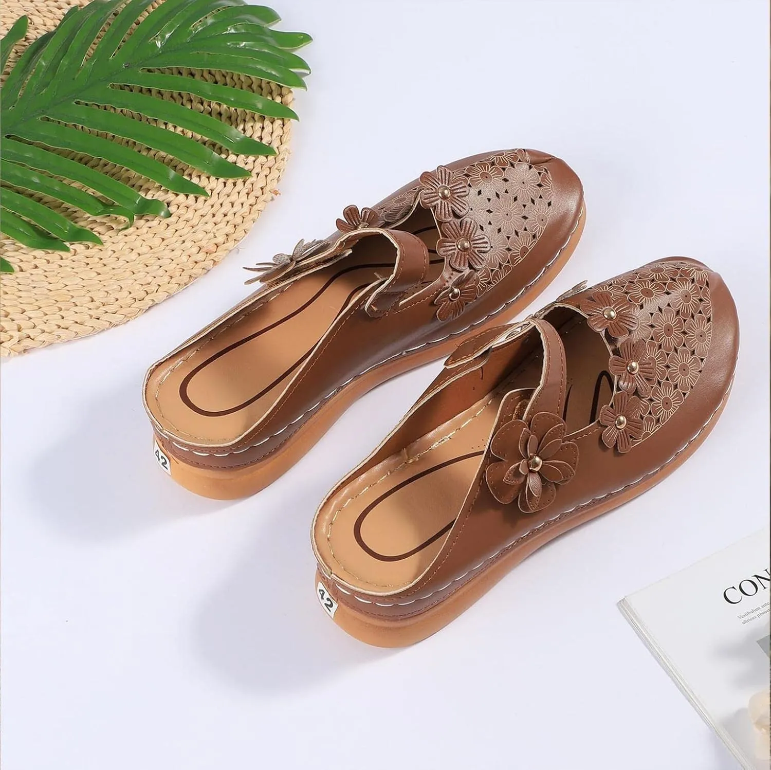 Hbeylia Platform Sandals For Women,Ladies Summer Slip On Flower Design Hollow Out Buckle Chunky Platform Wedge Orthopedic Sandals for Women With Arch Support