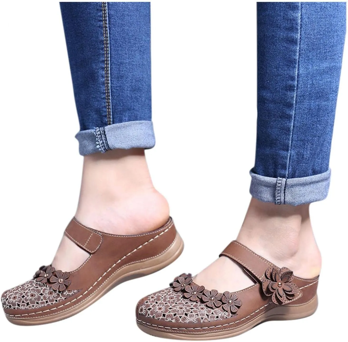 Hbeylia Platform Sandals For Women,Ladies Summer Slip On Flower Design Hollow Out Buckle Chunky Platform Wedge Orthopedic Sandals for Women With Arch Support