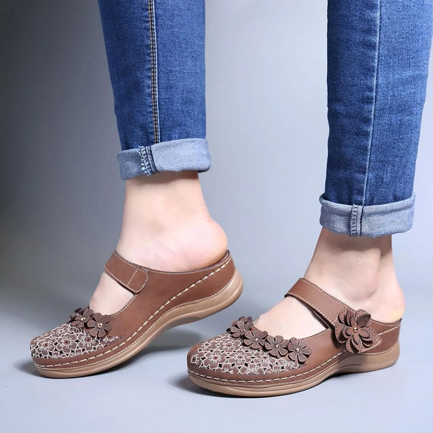 Hbeylia Platform Sandals For Women,Ladies Summer Slip On Flower Design Hollow Out Buckle Chunky Platform Wedge Orthopedic Sandals for Women With Arch Support