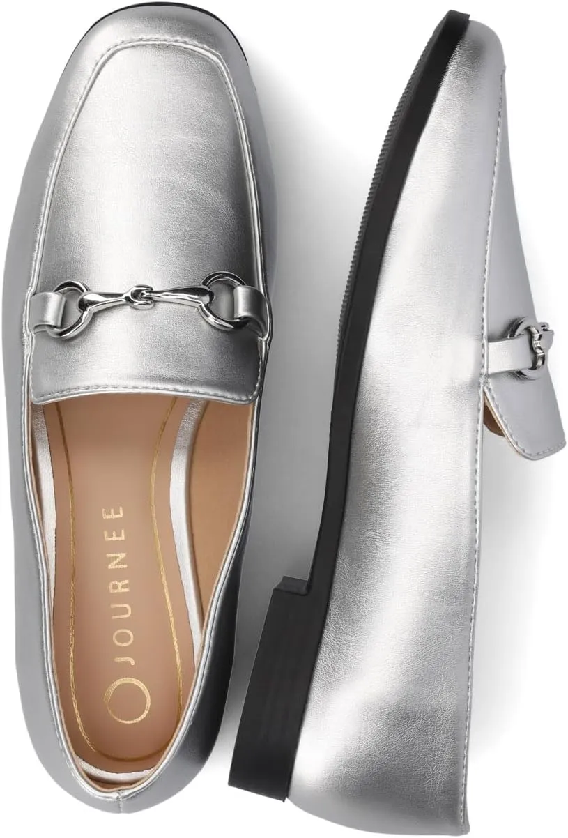 Journee Womens cushioned footbeds Lacie Slip On Loafer square toe hardware detail faux leather flat sole