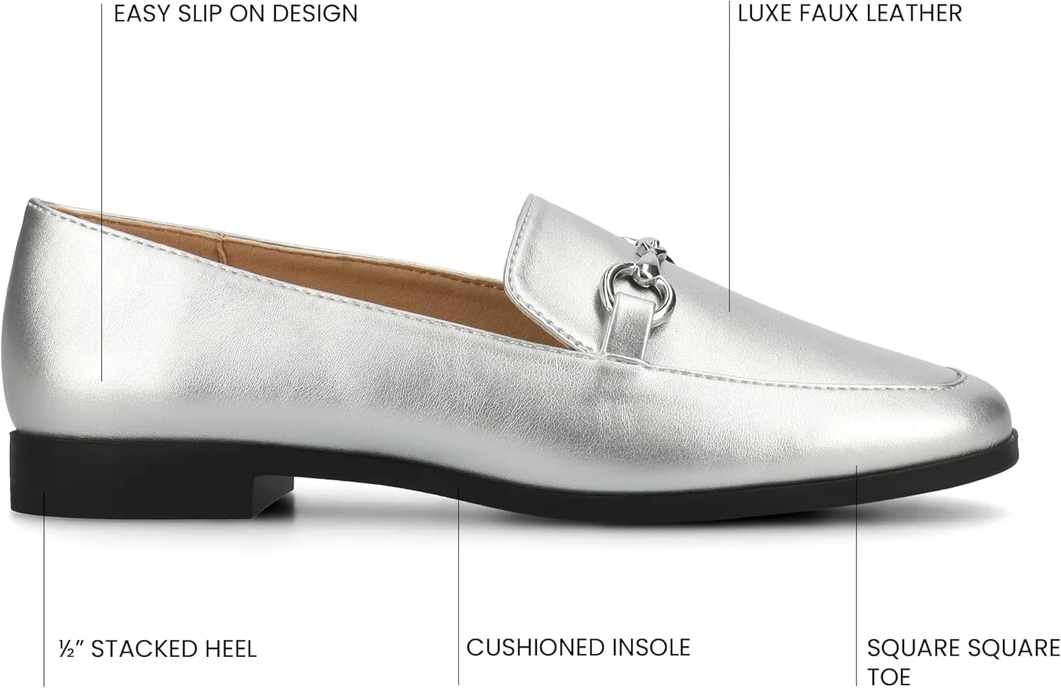 Journee Womens cushioned footbeds Lacie Slip On Loafer square toe hardware detail faux leather flat sole