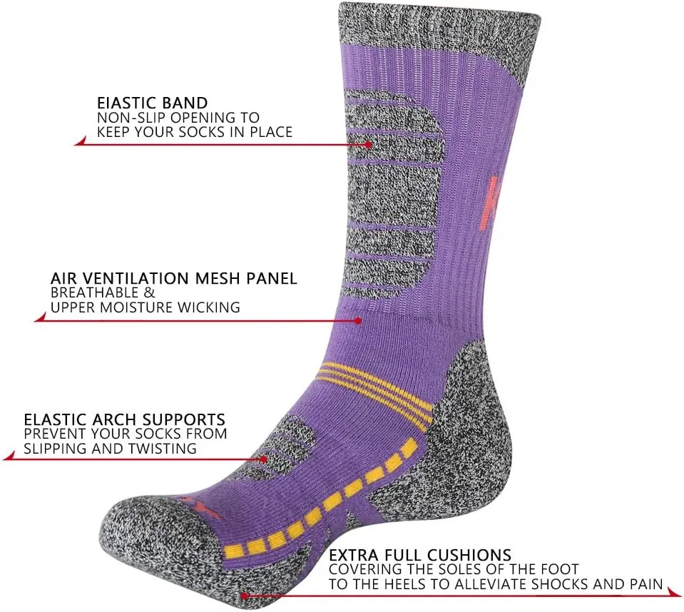 KONY Womens Cotton Full Cushioned Hiking Socks, 5 Pack Moisture Wicking Outdoor Trekking Crew Socks