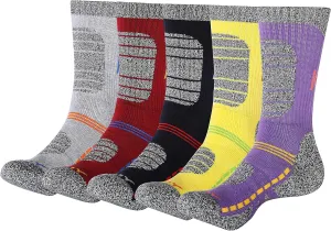 KONY Womens Cotton Full Cushioned Hiking Socks, 5 Pack Moisture Wicking Outdoor Trekking Crew Socks