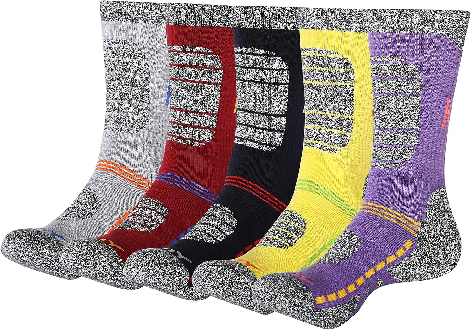 KONY Womens Cotton Full Cushioned Hiking Socks, 5 Pack Moisture Wicking Outdoor Trekking Crew Socks