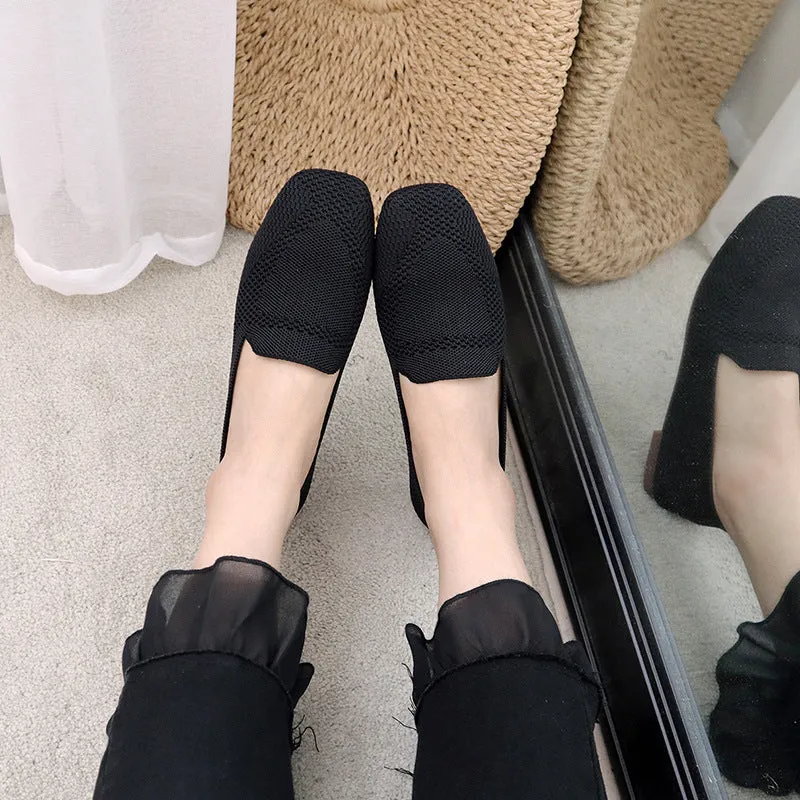 Ladies Large Size Knitted Flat Bottom Square Head Casual Shoes
