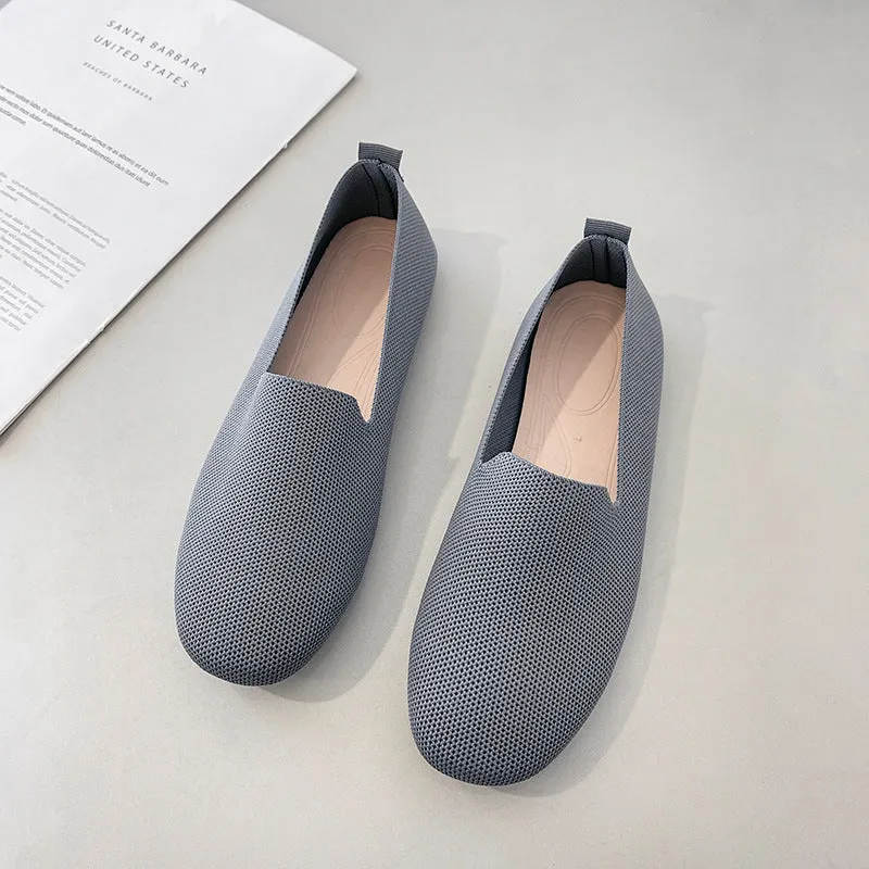 Ladies Large Size Knitted Flat Bottom Square Head Casual Shoes