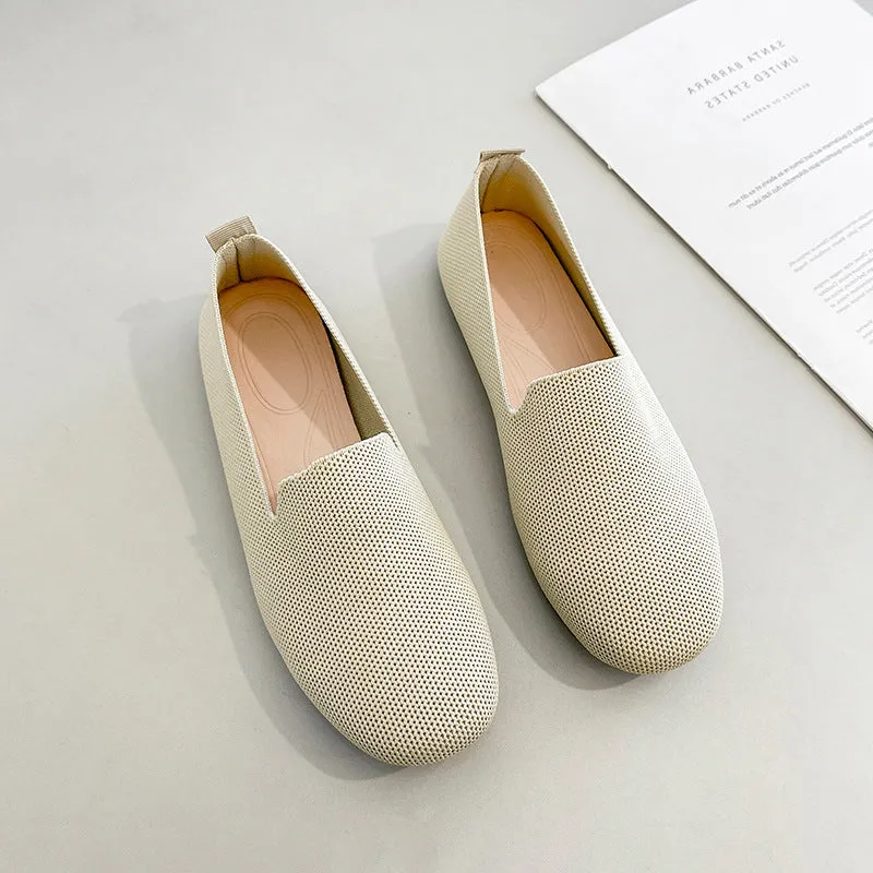 Ladies Large Size Knitted Flat Bottom Square Head Casual Shoes