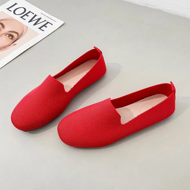Ladies Large Size Knitted Flat Bottom Square Head Casual Shoes
