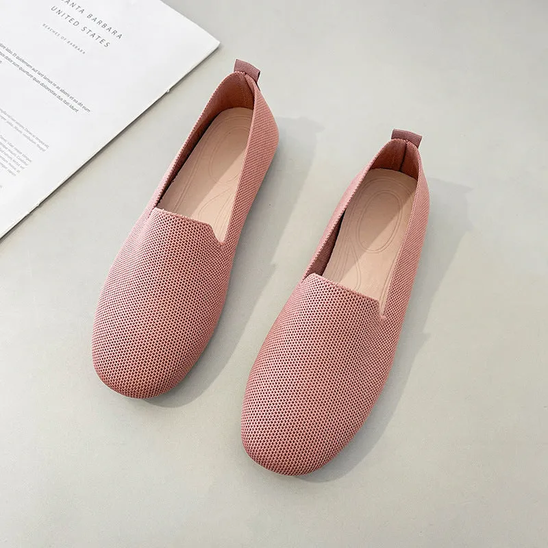 Ladies Large Size Knitted Flat Bottom Square Head Casual Shoes