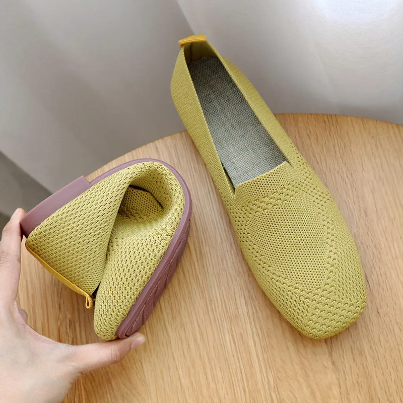 Ladies Large Size Knitted Flat Bottom Square Head Casual Shoes