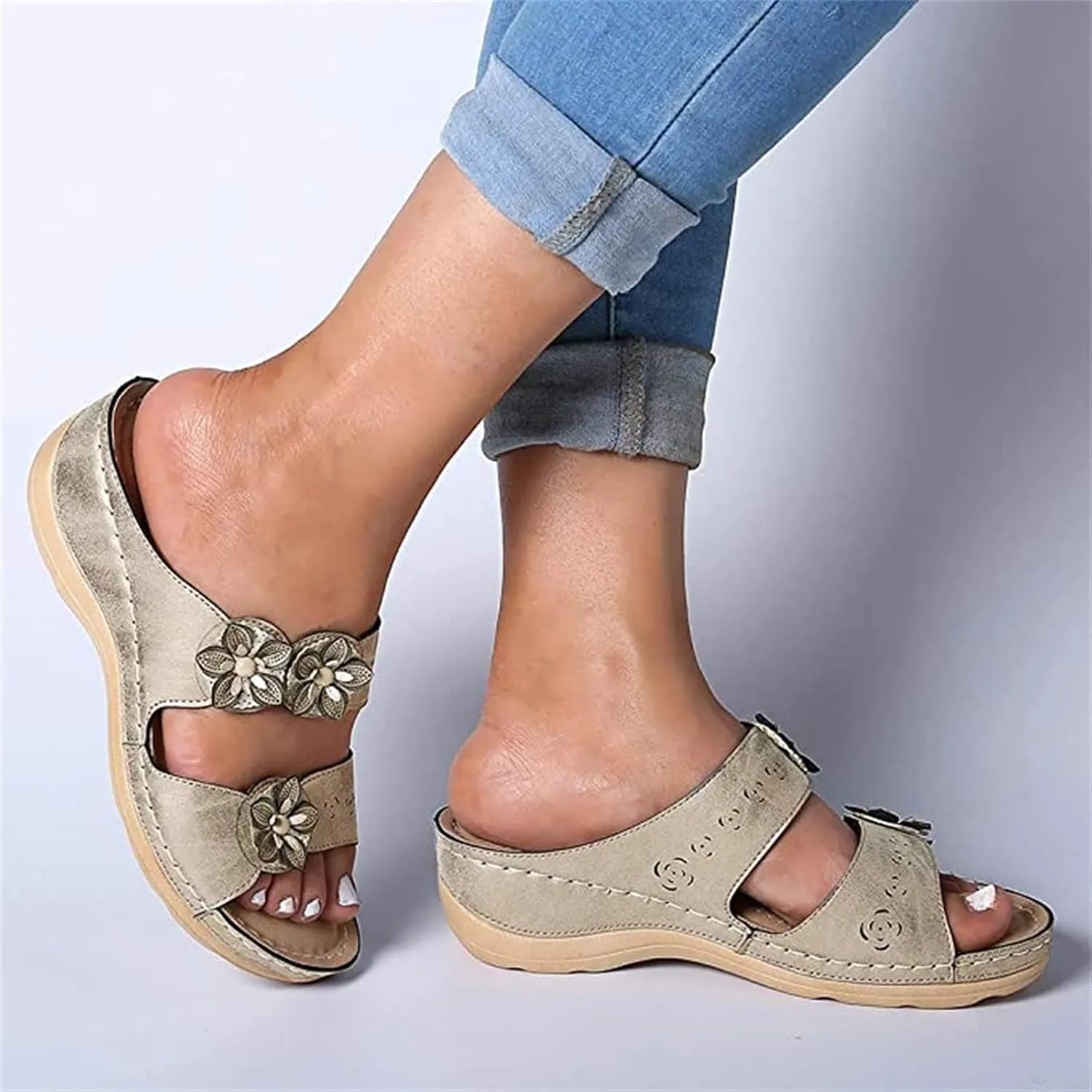 Ladmiple Sandals for Women Casual Summer Flower Orthopedic Sandals with Arch Support Slippers Roman Open Toe Flip Flops