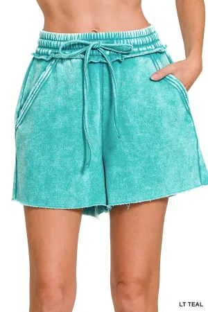 Light Teal Acid Wash Fleece Drawstring Shorts