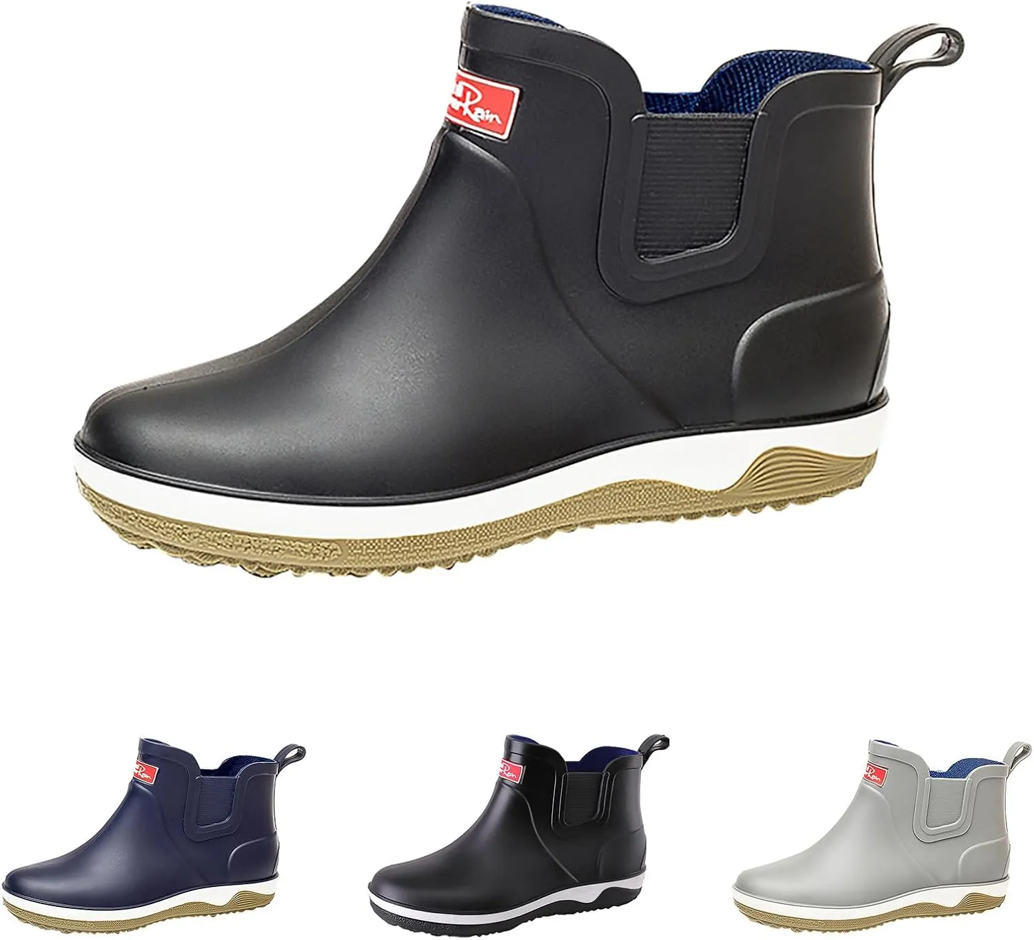 Mens Ankle Rain Boots Waterproof Chelsea Boots Slip-On Garden Work Rubber Thickened Footwear Duck Shoes