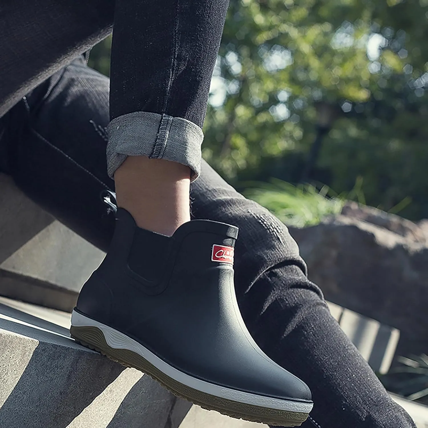 Mens Ankle Rain Boots Waterproof Chelsea Boots Slip-On Garden Work Rubber Thickened Footwear Duck Shoes