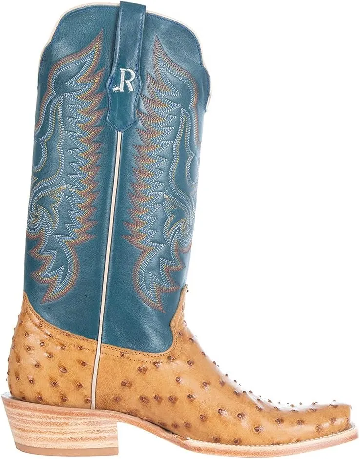 Mens Full Quill Ostrich Embroidered Square Toe Casual Boots Mid Calf - Beige, Blue