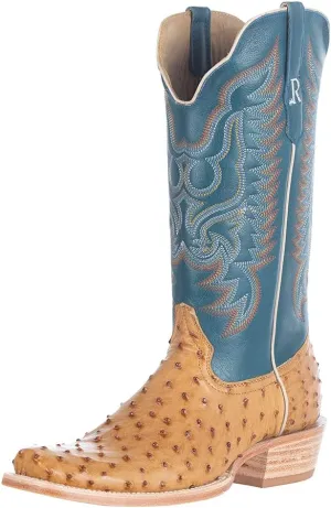 Mens Full Quill Ostrich Embroidered Square Toe Casual Boots Mid Calf - Beige, Blue