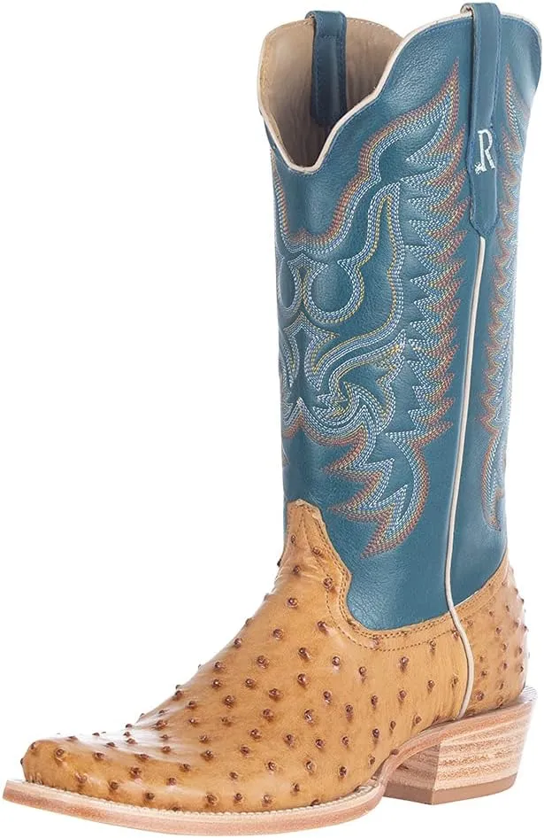 Mens Full Quill Ostrich Embroidered Square Toe Casual Boots Mid Calf - Beige, Blue