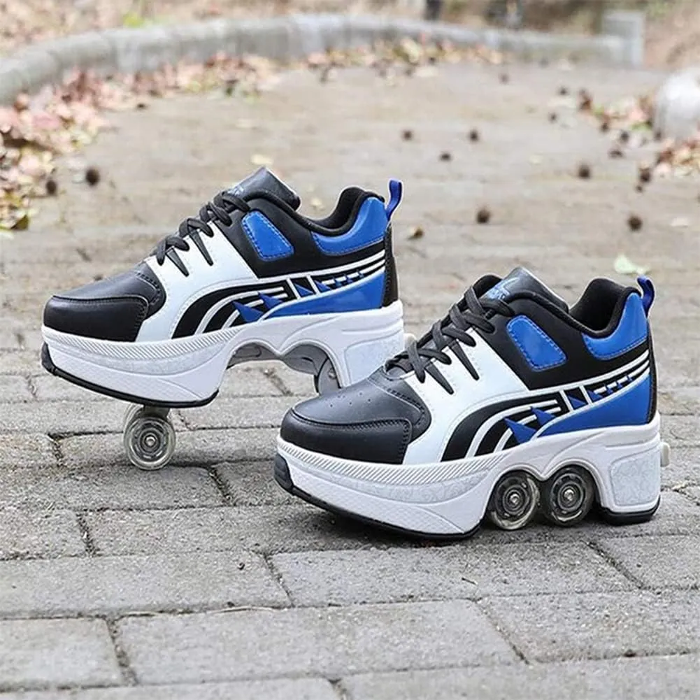 Multifunctional Roller Skates Shoes Automatic Walking Shoes Invisible Pulley Shoes Skates with Double-Row Deform Wheel Outdoor Parkour Shoes for Girls Boys