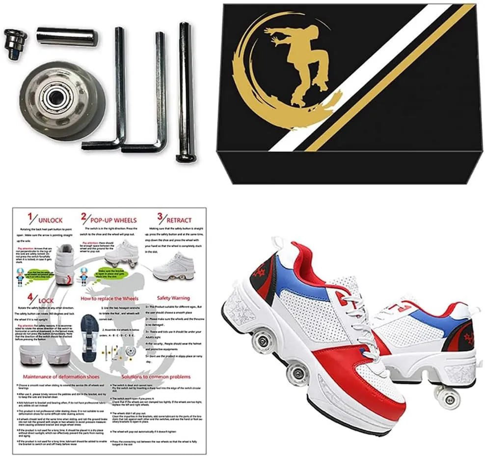 Multifunctional Roller Skates Shoes Automatic Walking Shoes Invisible Pulley Shoes Skates with Double-Row Deform Wheel Outdoor Parkour Shoes for Girls Boys